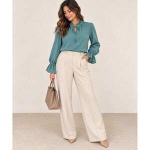 J.Crew Teal Green Ruffle Neck Tie Blouse Smocked Cuff Long Sleeve Top Size L